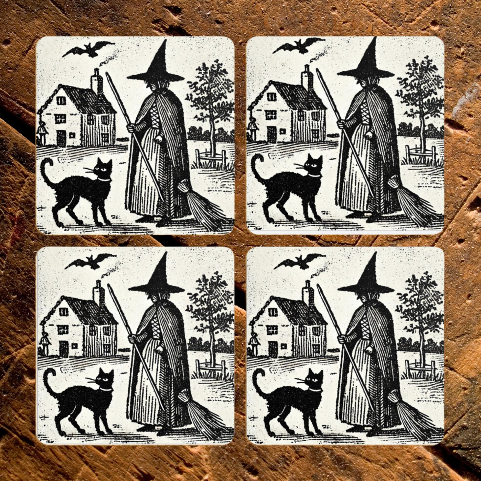 Witch & Black Cat Coasters: Vintage Woodcut Style, Set of 4