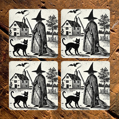 Witch & Black Cat Coasters: Vintage Woodcut Style, Set of 4