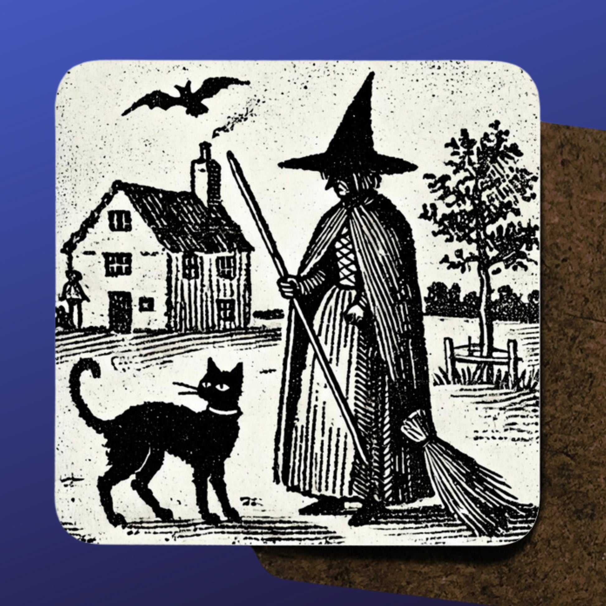 Witch & Black Cat Coasters: Vintage Woodcut Style, Set of 4