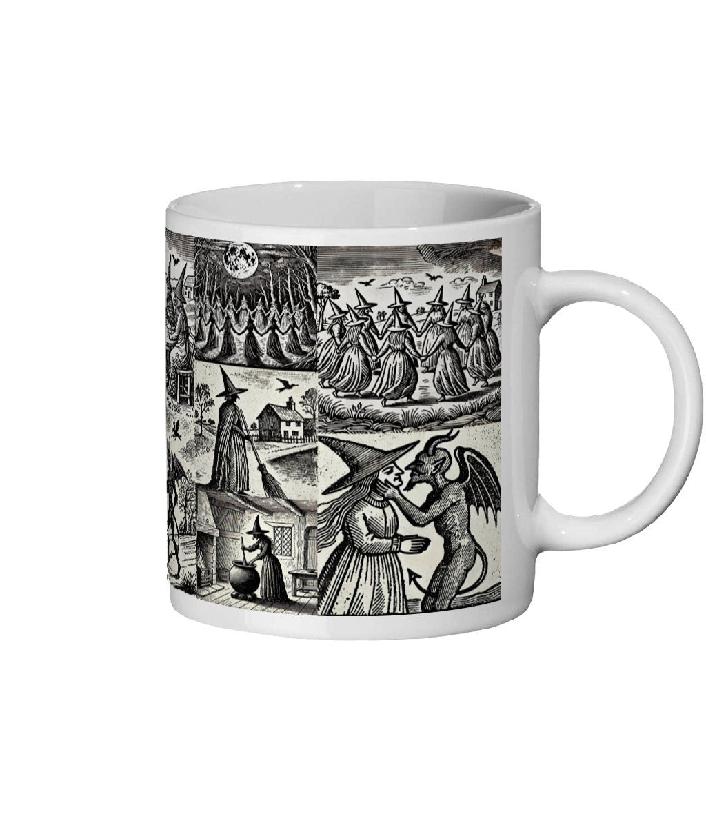 Antique woodcut imagery on an 11 oz mug showing witches performing rituals with the Devil, evoking historical folklore and witchcraft.
