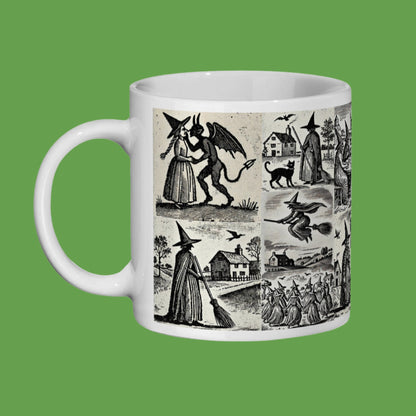 11 oz ceramic mug featuring a wraparound woodcut illustration of witches and the Devil, ideal for fans of dark folklore and gothic art.