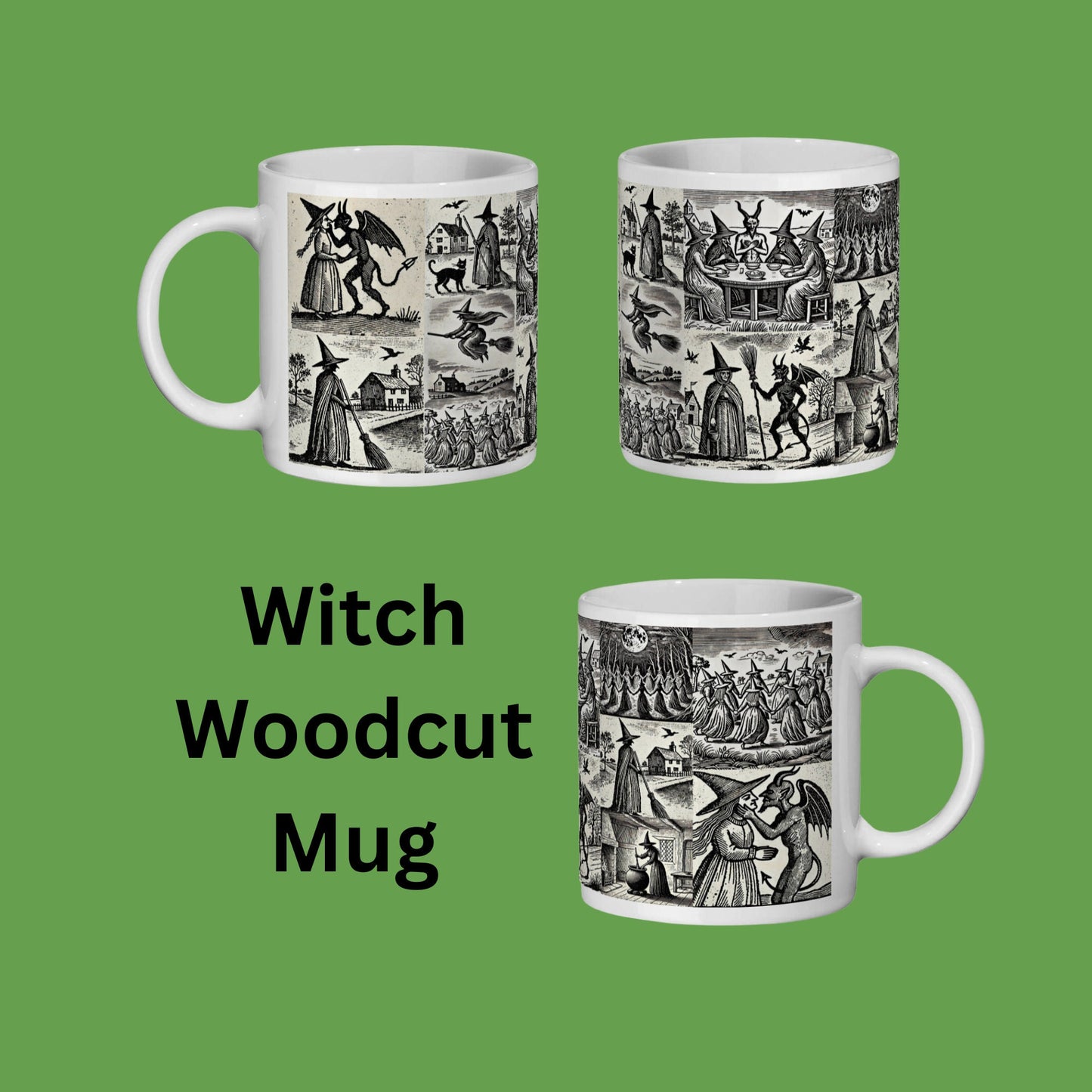 Perfect witchy gift - an 11 oz white mug, wraparound design that showcases an array of old woodcut images of witches.
Gothic art, folklore, and all things witchy. Includes a witch kissing the Devil, a witch with her familiar, a black cat