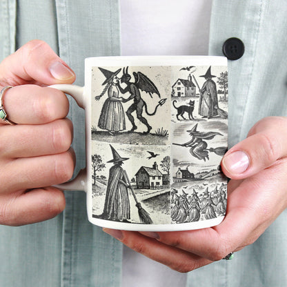 Witchy gift, a mug depicting witches from old woodcuts, perfect to go with your witch woodcut coasters. Gothic gift, folk horror gift. History of witchcraft fan gift..
