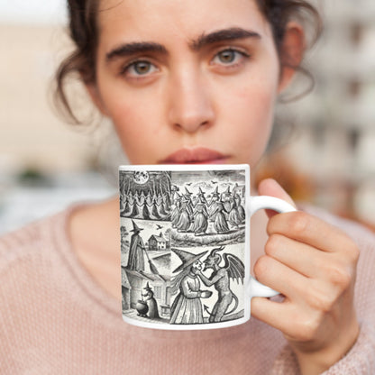 The wraparound design includes a variety of meticulously crafted woodcut images of witches, capturing the essence of early 17th-century illustrations.