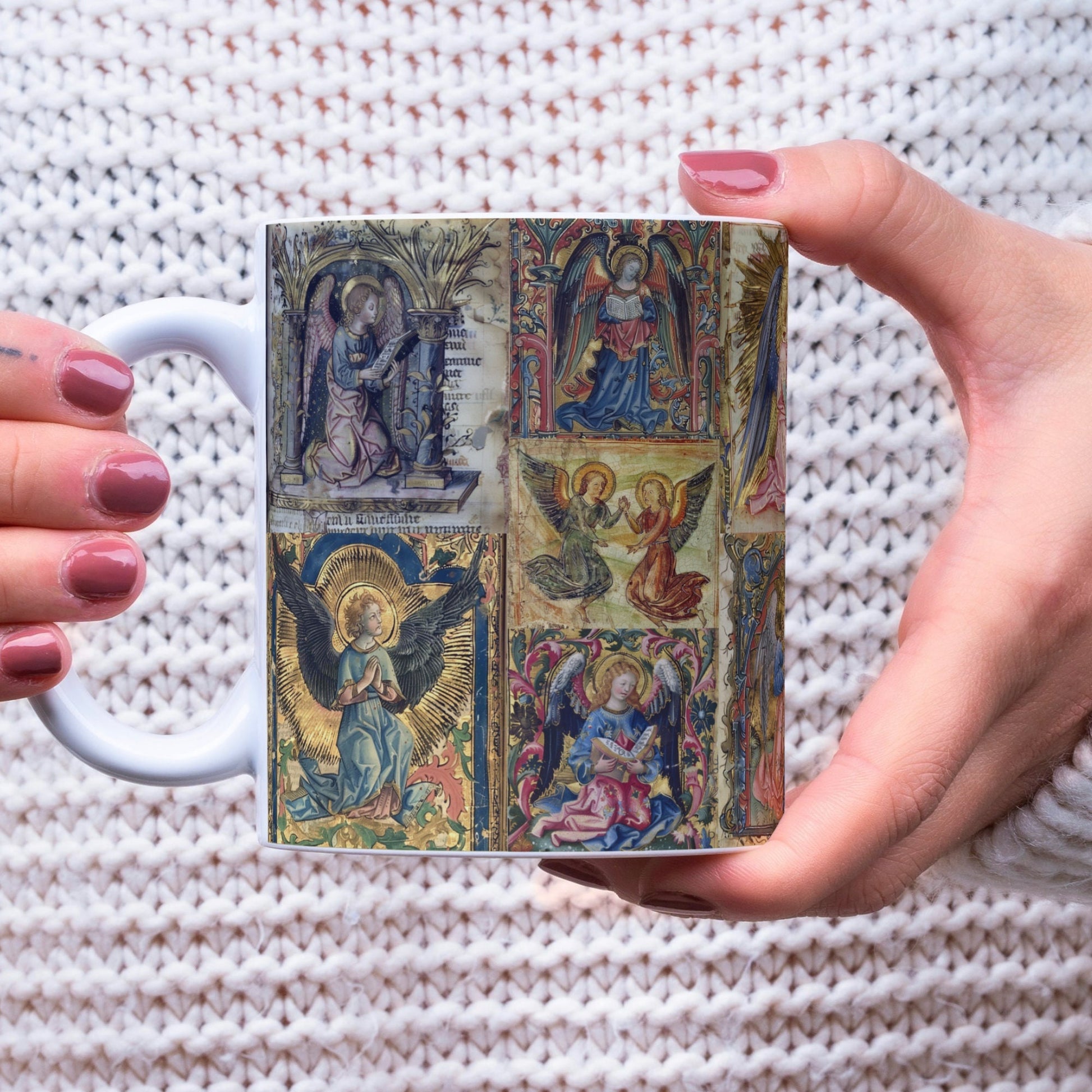 This is our 11oz ceramic mug featuring a stunning medieval manuscript angels design. The borderless mug has the design wrapping round the white mug.
This beautifully crafted mug showcases intricate angelic artwork inspired by historical manuscripts