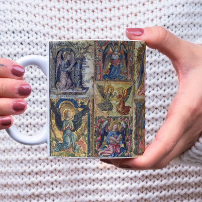 This is our 11oz ceramic mug featuring a stunning medieval manuscript angels design. The borderless mug has the design wrapping round the white mug.
This beautifully crafted mug showcases intricate angelic artwork inspired by historical manuscripts