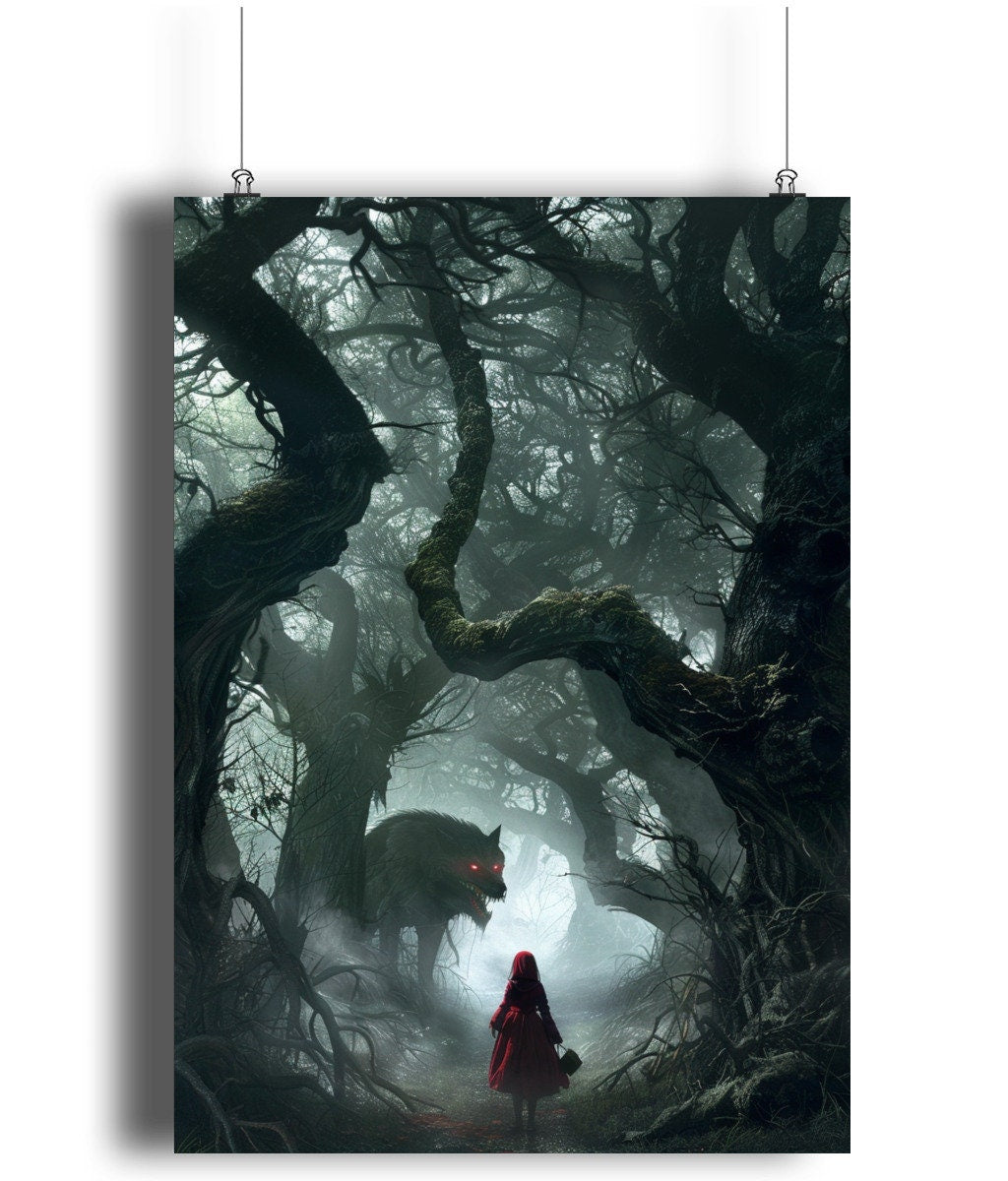 Art Poster Wolf, Red Riding Hood, Dark Horror, Dark Academia, Spooky, Dark Forest, Forestcore, Wolf Print, Gothic Art, Gothic Decor,Photo