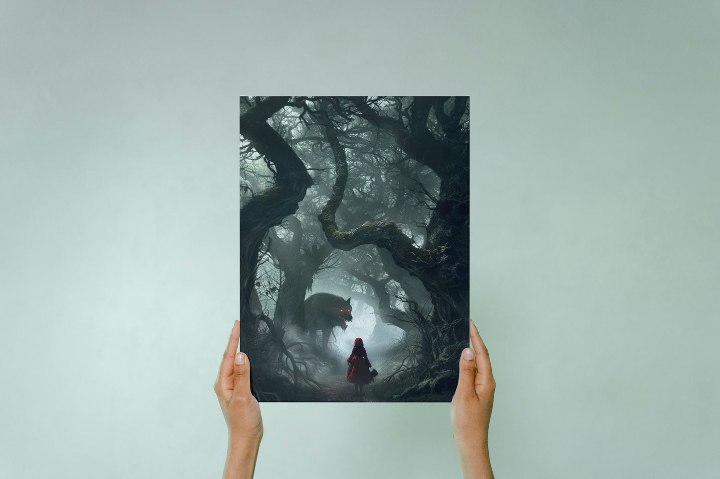 Art Poster Wolf, Red Riding Hood, Dark Horror, Dark Academia, Spooky, Dark Forest, Forestcore, Wolf Print, Gothic Art, Gothic Decor,Photo
