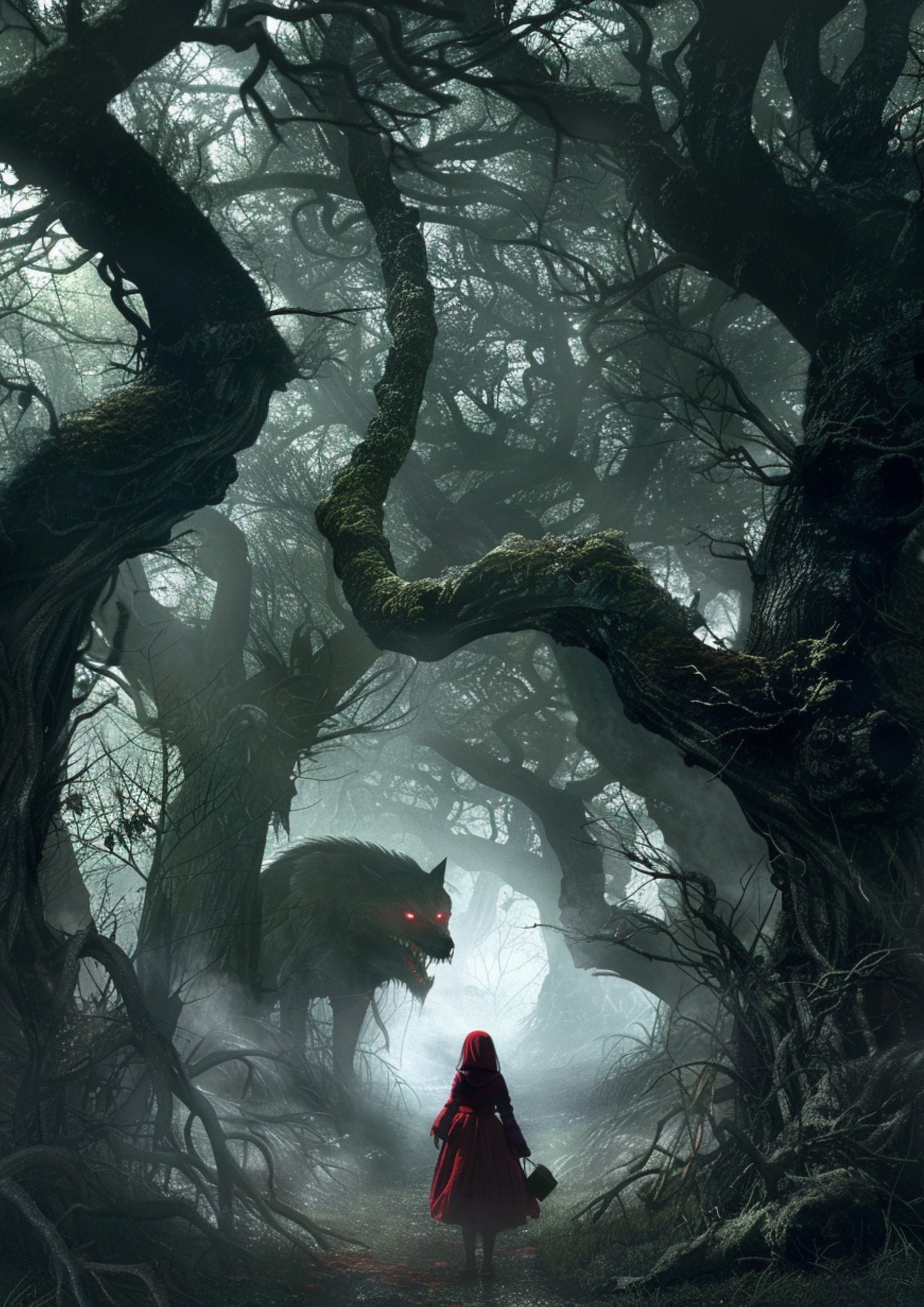 Art Poster Wolf, Red Riding Hood, Dark Horror, Dark Academia, Spooky, Dark Forest, Forestcore, Wolf Print, Gothic Art, Gothic Decor,Photo