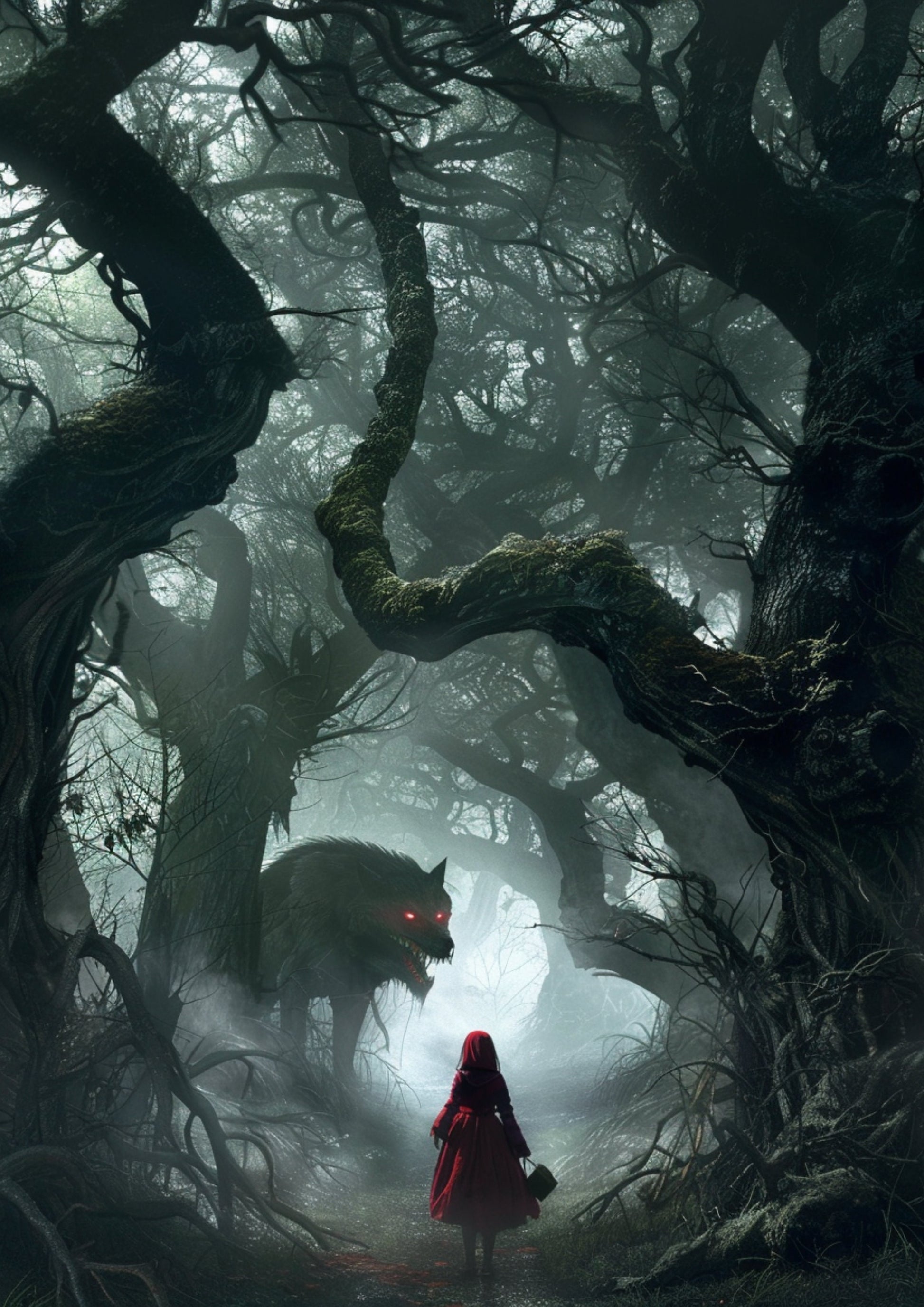 Art Poster Wolf, Red Riding Hood, Dark Horror, Dark Academia, Spooky, Dark Forest, Forestcore, Wolf Print, Gothic Art, Gothic Decor,Photo