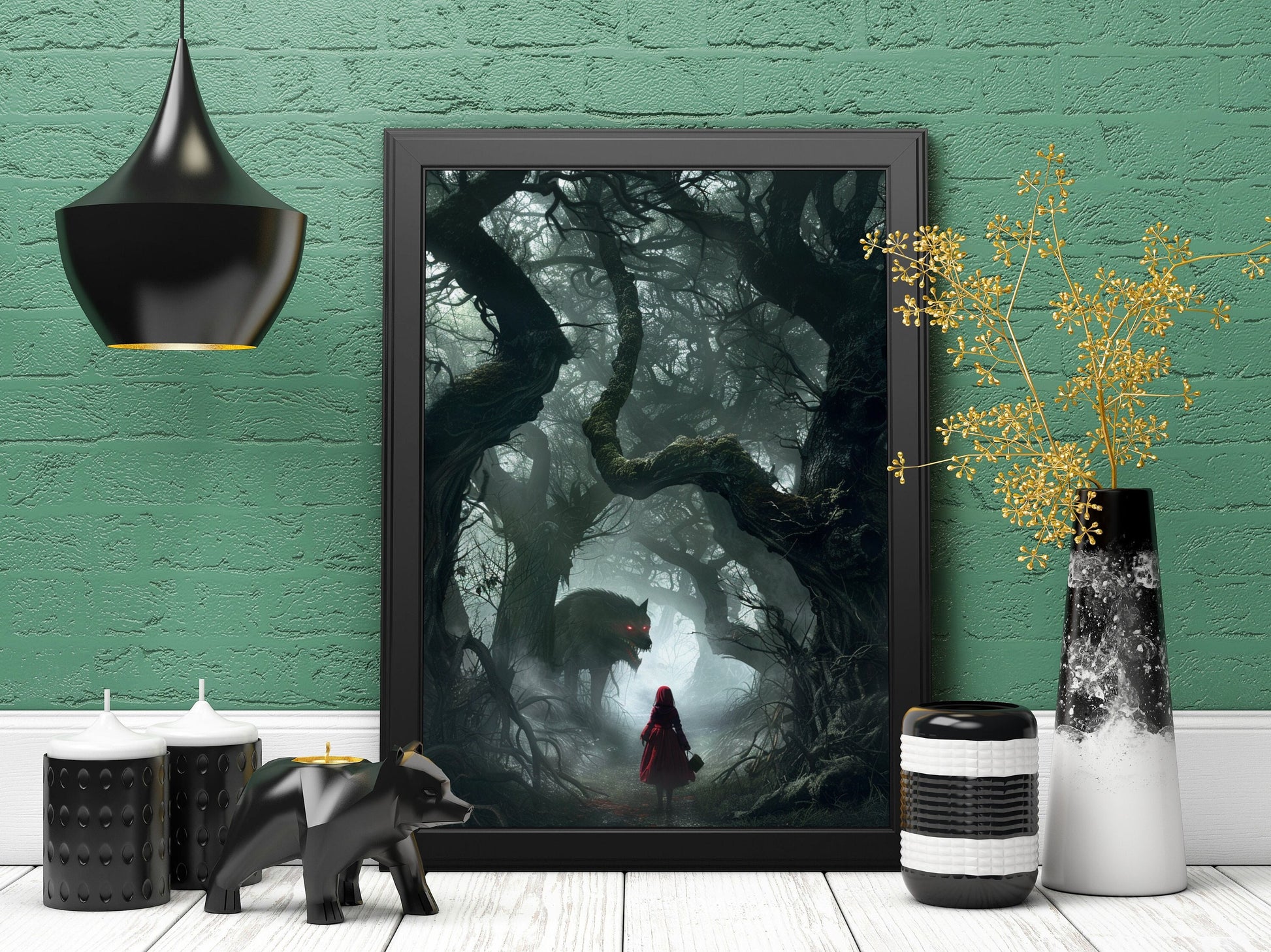 A creepy photo style art print poster depicting red riding hood facing a huge, sinister wolf with glowing red eyes. Set in a dark forest. Available in A4,A3 &A2 Frame not included.
