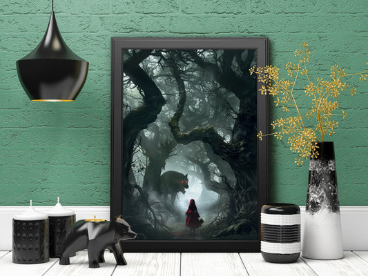 A creepy photo style art print poster depicting red riding hood facing a huge, sinister wolf with glowing red eyes. Set in a dark forest. Available in A4,A3 &A2 Frame not included.