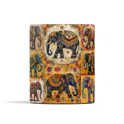 Elephant lover gift. Elephant collector mug. Beautiful ceramic elephant mug featuring a collection of vividly coloured elephants in a decorative, festive style with a warm golden palette.