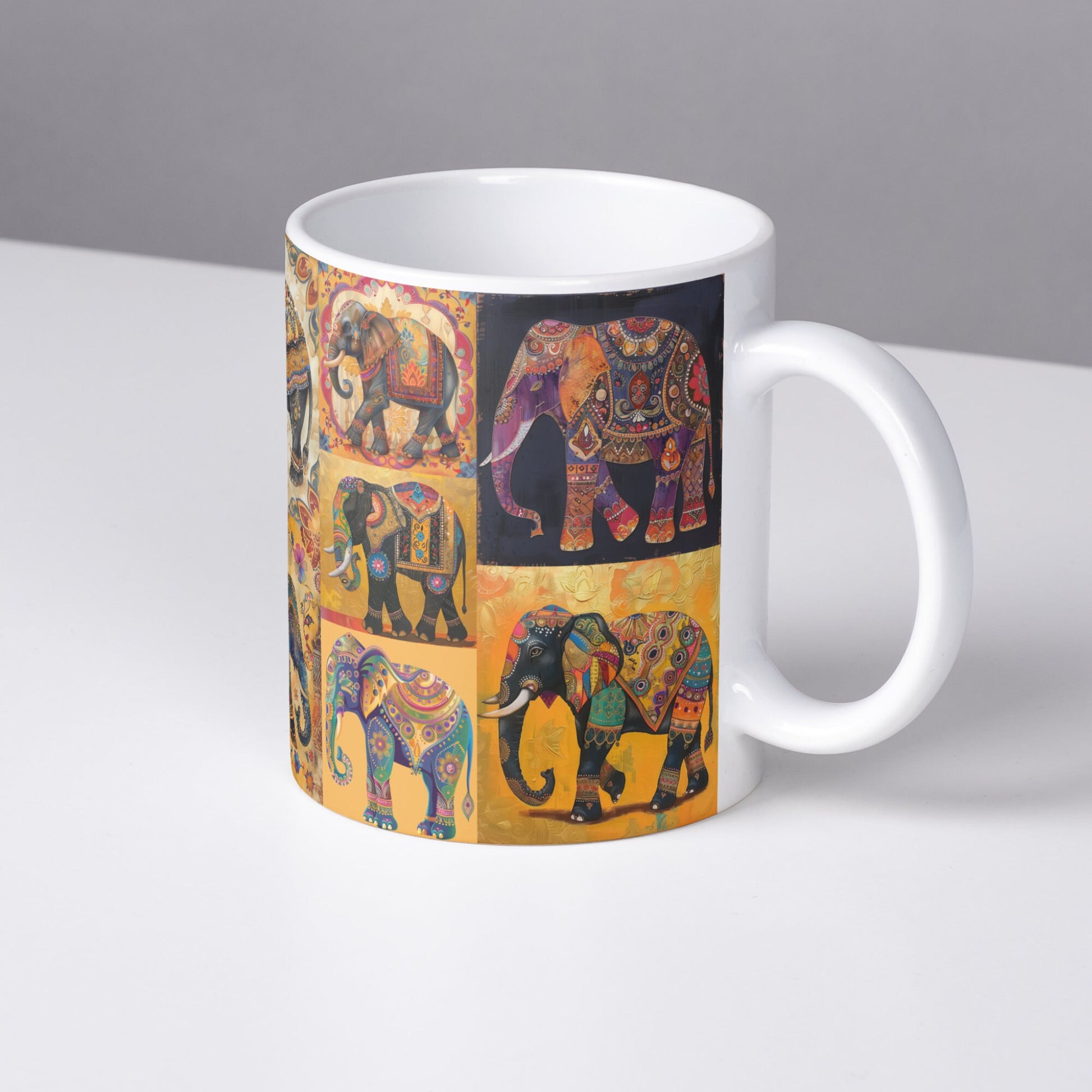 Artistic elephant coffee cup with a rich Indian-inspired design, featuring luxurious and intricate patterns in a high-quality printed finish.