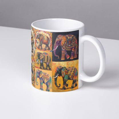 Artistic elephant coffee cup with a rich Indian-inspired design, featuring luxurious and intricate patterns in a high-quality printed finish.