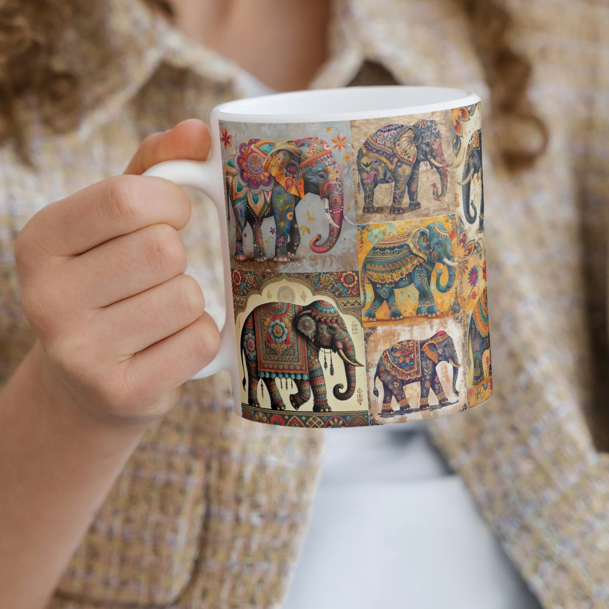 Bohemian elephant mug with a mix of mandala and paisley patterns, ideal for yoga lovers, spiritual gifts, and exotic homeware.
