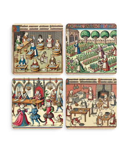 set of four coasters of Anthropomorphic cats, cats dressed as humans and doing tasks. Each coaster different scenes, banquet hall, medieval garden, kitchen and latrine. Quality coasters and print with cork backs.