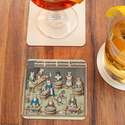 Medieval Cat Coasters: Humorous Anthropomorphic Bestiary Art, Set of 4