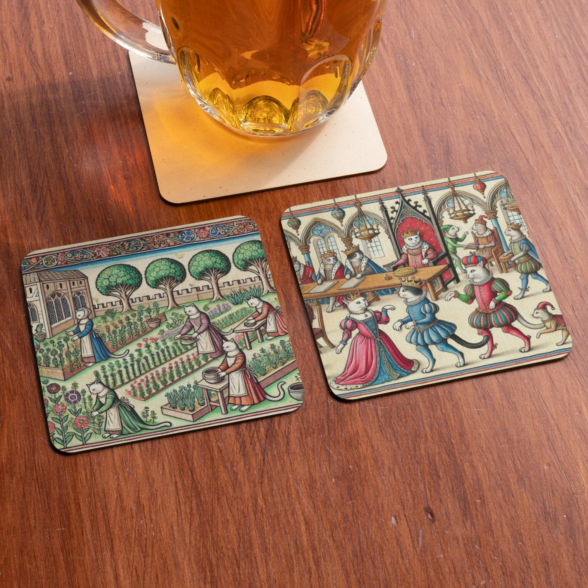 Medieval Cat Coasters: Humorous Anthropomorphic Bestiary Art, Set of 4
