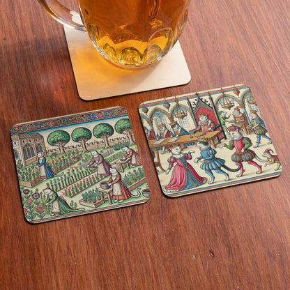 Medieval Cat Coasters: Humorous Anthropomorphic Bestiary Art, Set of 4