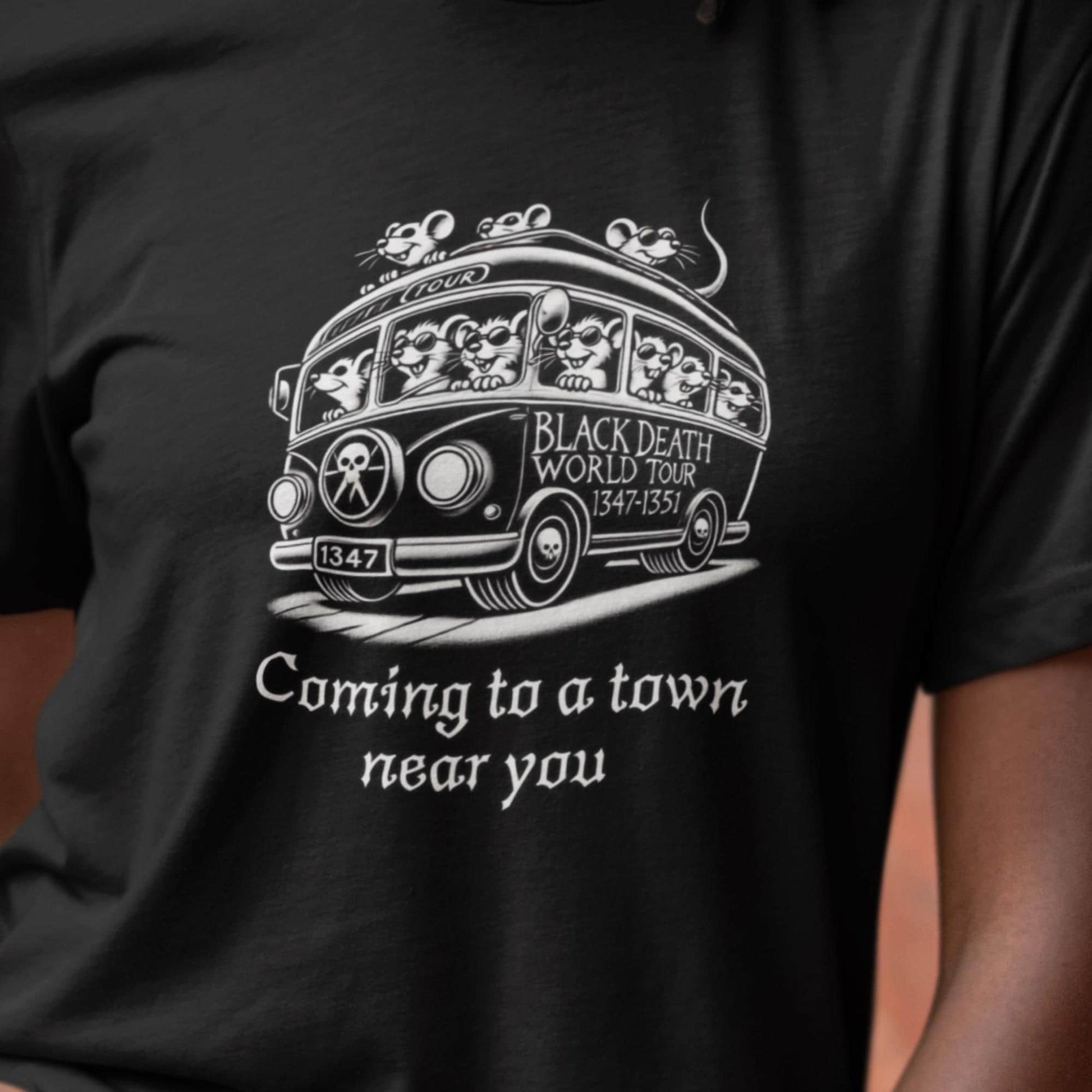 Medieval humour.
Vintage tour bus t-shirt in black with a white outline design featuring evil rats on a Black Death World Tour 1347-1351. various sizes. Perfect for gothic fashion, rock band fans, and unique, edgy apparel lovers.