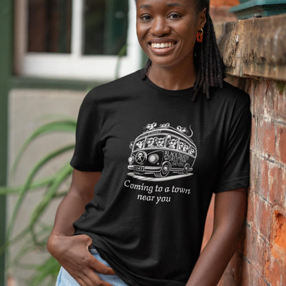 A playful design on a black t-shirt depicting a bus of rats, titled &#39;Black Death World Tour,&#39; a dark humour reference to the medieval plague.