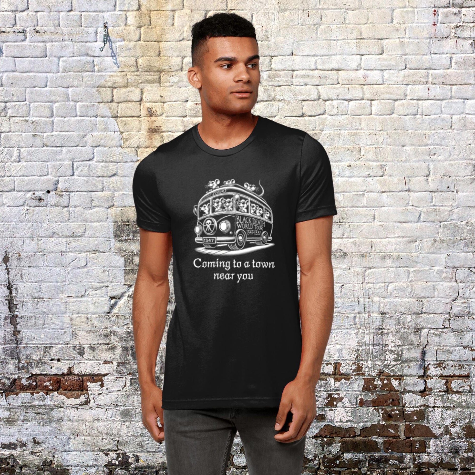 T-shirt featuring a satirical graphic of the Black Death, depicted as a bus filled with rats, promoting a &#39;world tour&#39; from 1347-1351