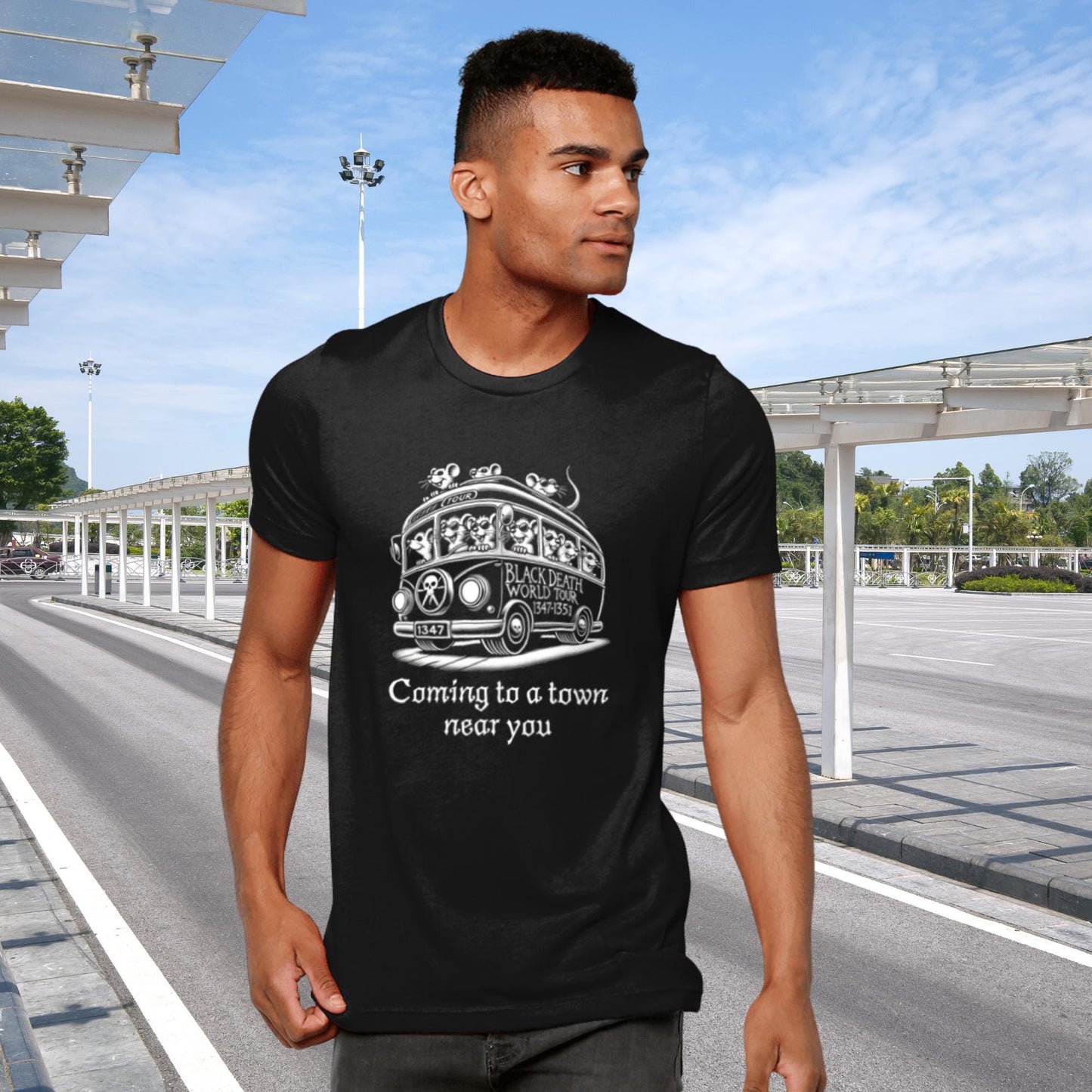 Black shirt featuring a creative graphic of a rat-filled bus, dubbed &#39;Black Death World Tour,&#39; a witty take on the spread of the plague in the 1300s