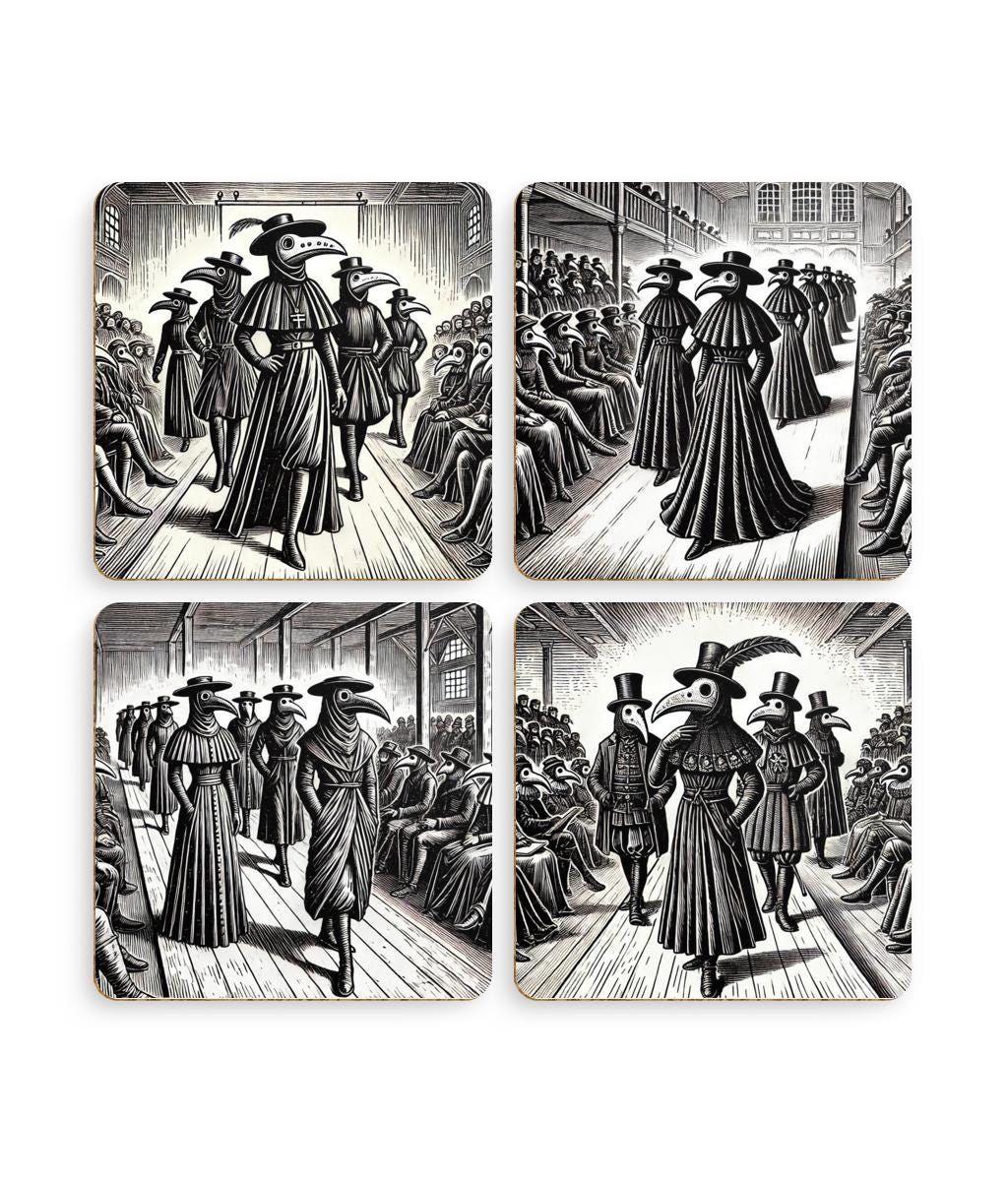 Pack of 4 Coasters Plague Doctors, Black Death Coasters, Bubonic Plague, Dark Academia, Gothic Decor, Folk Horror Drinks Mats Bird Mask Mats