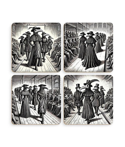 Pack of 4 Coasters Plague Doctors, Black Death Coasters, Bubonic Plague, Dark Academia, Gothic Decor, Folk Horror Drinks Mats Bird Mask Mats