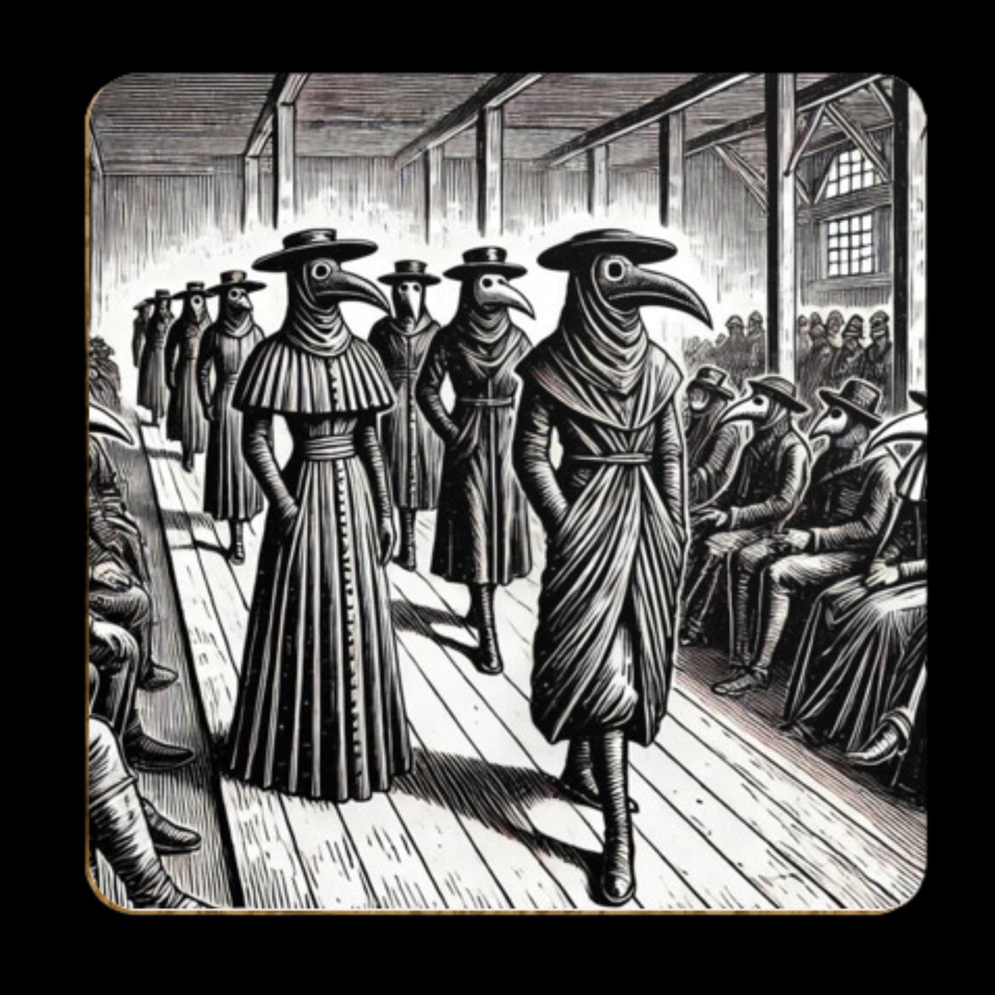 Pack of 4 Coasters Plague Doctors, Black Death Coasters, Bubonic Plague, Dark Academia, Gothic Decor, Folk Horror Drinks Mats Bird Mask Mats