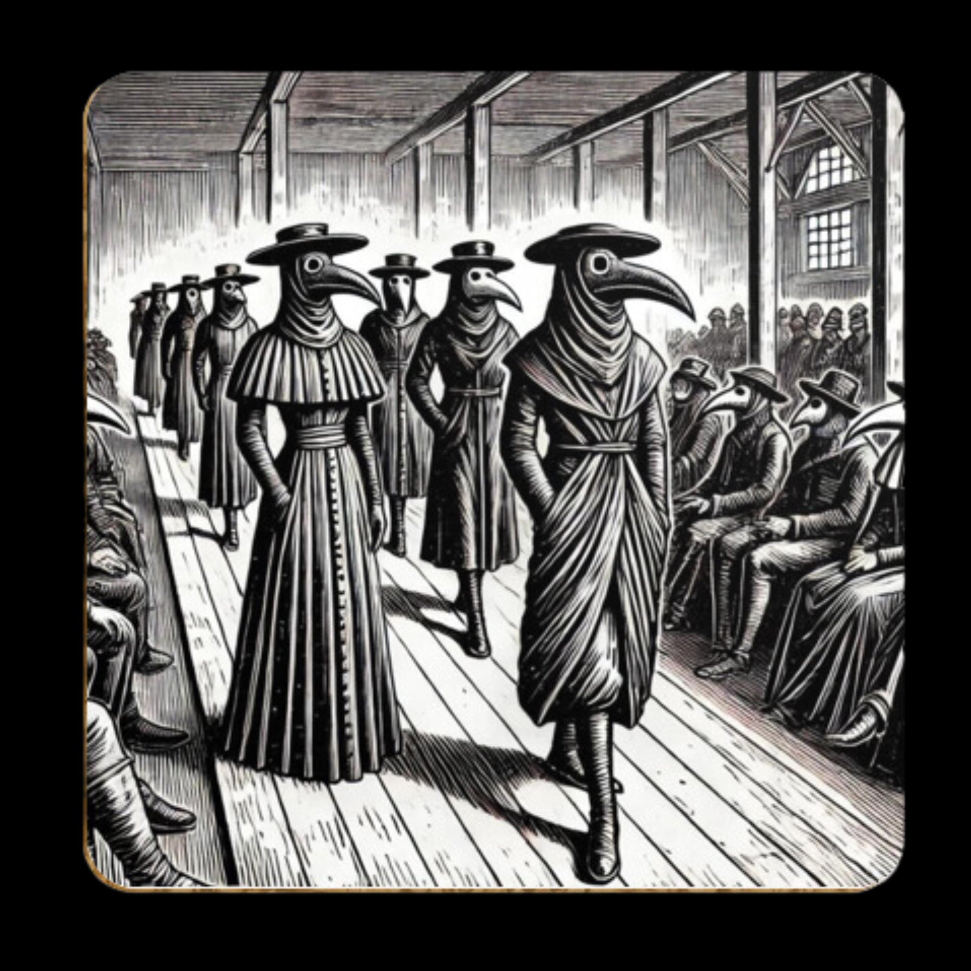 Pack of 4 Coasters Plague Doctors, Black Death Coasters, Bubonic Plague, Dark Academia, Gothic Decor, Folk Horror Drinks Mats Bird Mask Mats