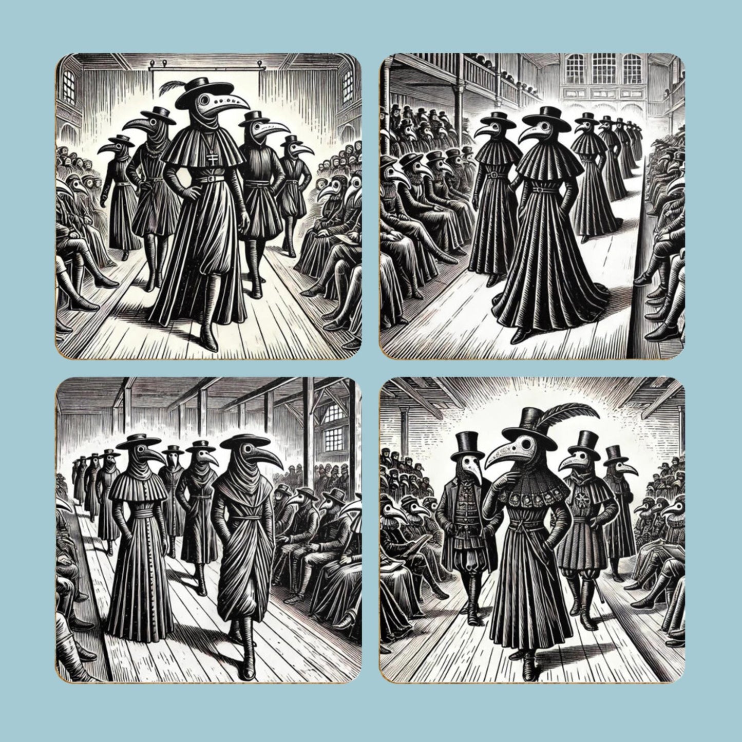 Pack of 4 Coasters Plague Doctors, Black Death Coasters, Bubonic Plague, Dark Academia, Gothic Decor, Folk Horror Drinks Mats Bird Mask Mats