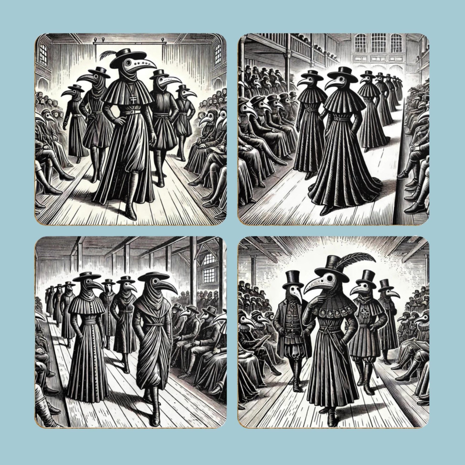 Pack of 4 Coasters Plague Doctors, Black Death Coasters, Bubonic Plague, Dark Academia, Gothic Decor, Folk Horror Drinks Mats Bird Mask Mats