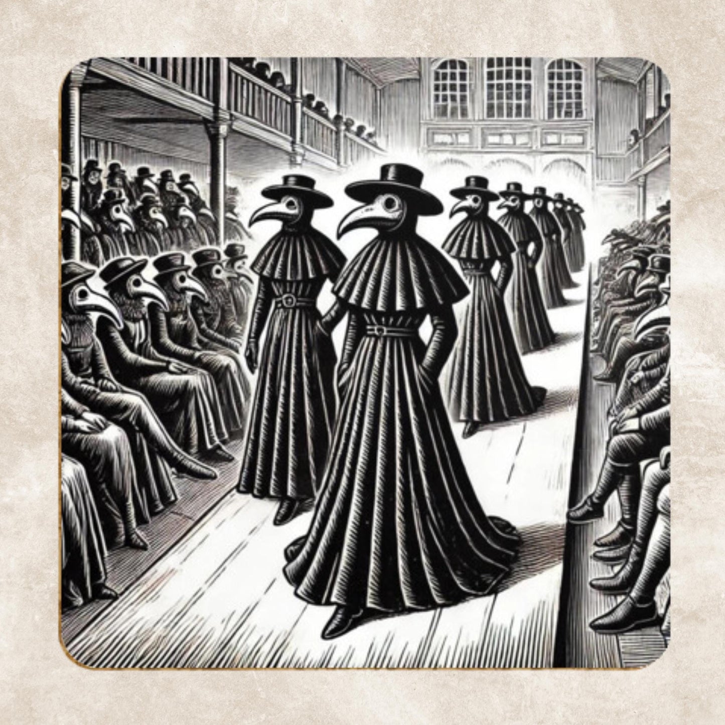 Pack of 4 Coasters Plague Doctors, Black Death Coasters, Bubonic Plague, Dark Academia, Gothic Decor, Folk Horror Drinks Mats Bird Mask Mats