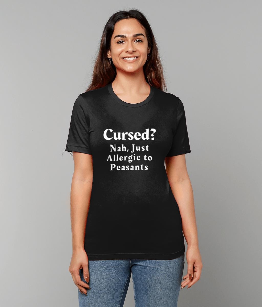 Medieval Humour T-Shirt: Allergic to Peasants, Sarcastic Gothic Tee