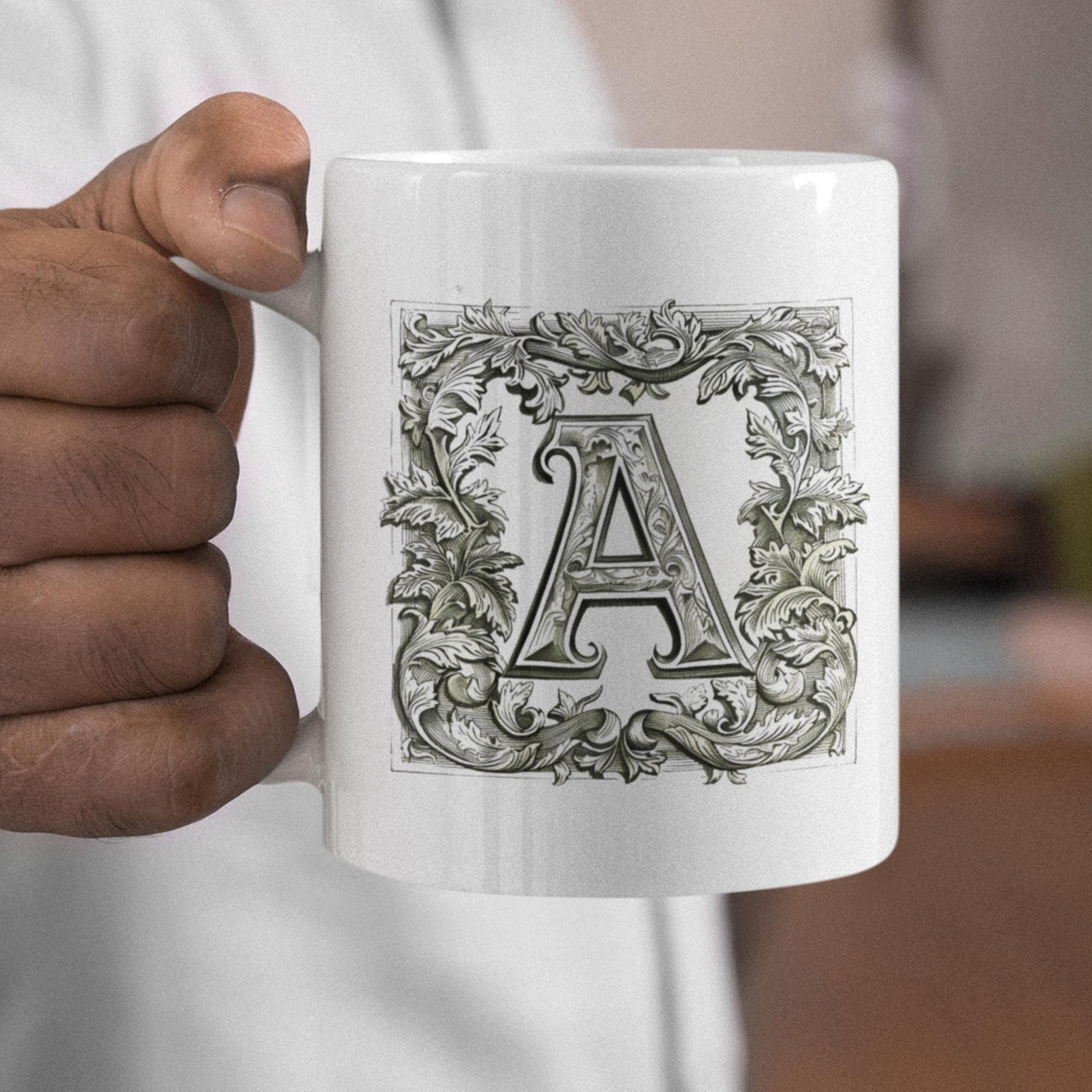 Classic white mug displaying a sophisticated letter rendered in the style of medieval manuscripts, perfect for those who appreciate vintage design