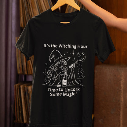 Mystical witch-themed t-shirt with wine bottle design, ideal for those who enjoy magical evenings with a glass of their favourite wine
