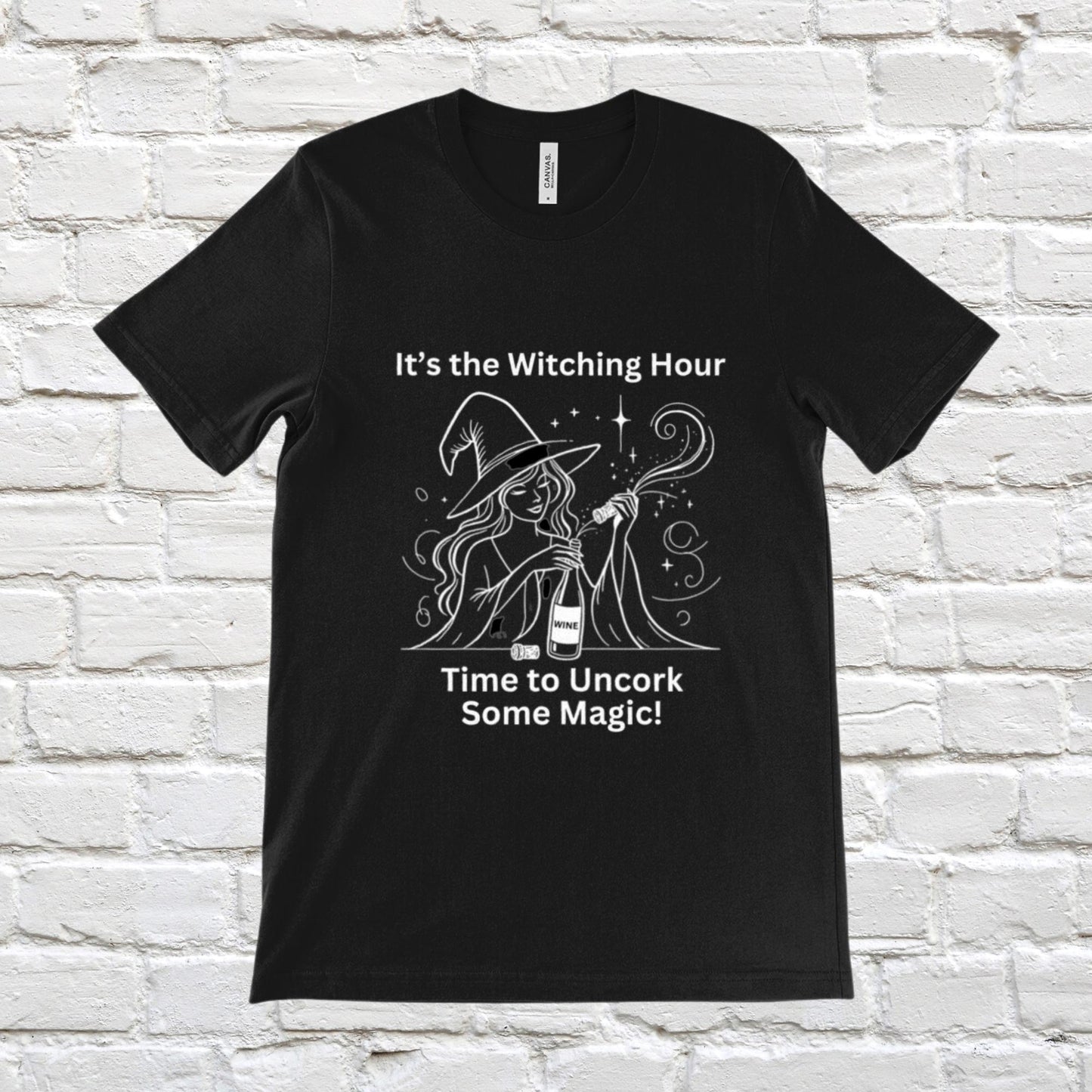 Gothic black tee with a unique design of a witch and wine bottle, perfect for wine loving witches.