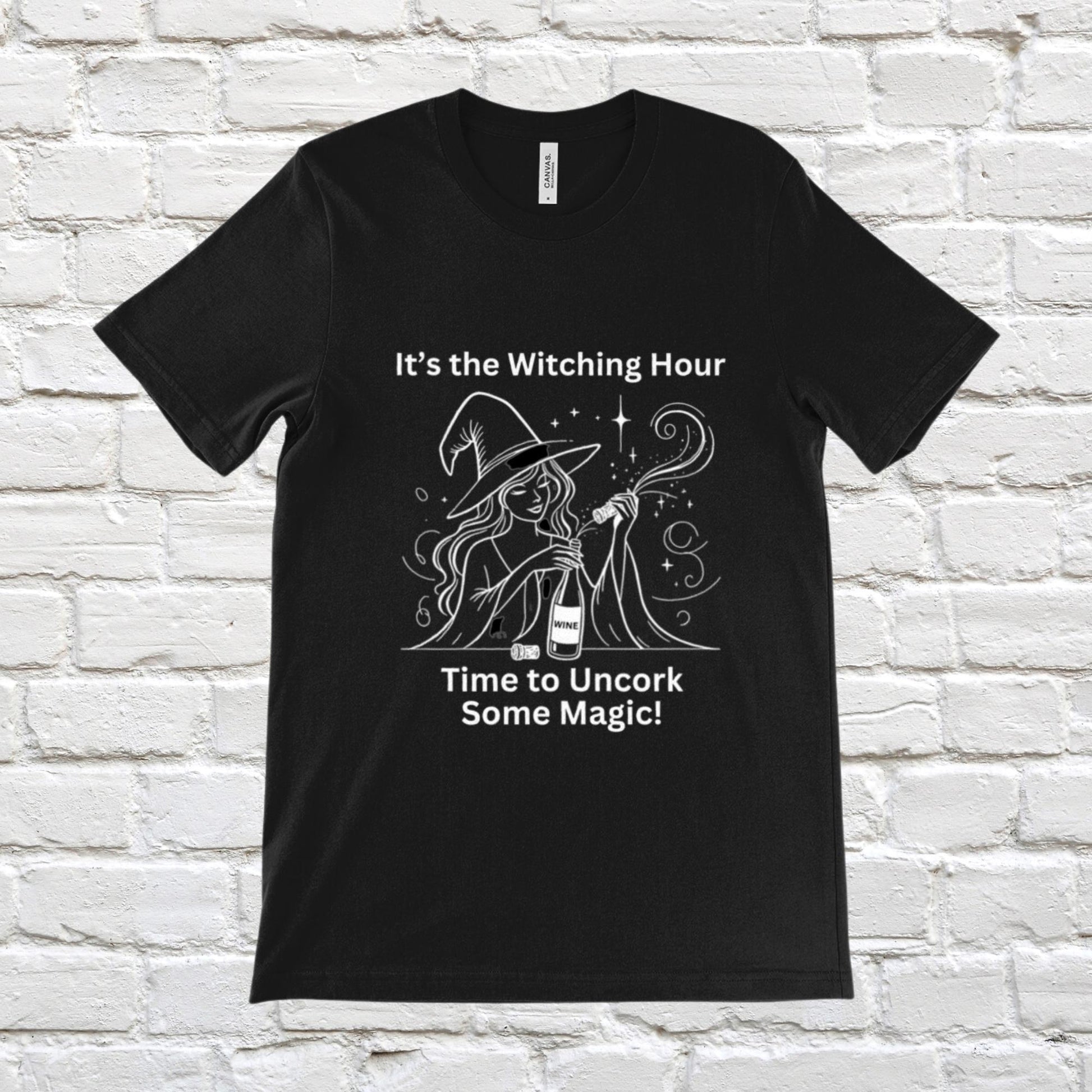 Gothic black tee with a unique design of a witch and wine bottle, perfect for wine loving witches.
