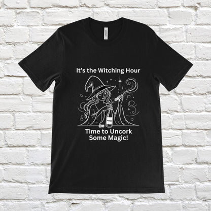 Gothic black tee with a unique design of a witch and wine bottle, perfect for wine loving witches.