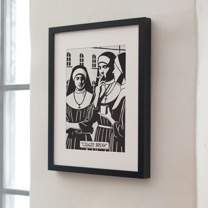 A trio of nuns enjoying a cigarette break, a whimsical and irreverent portrayal of life inside a Roman Catholic convent.