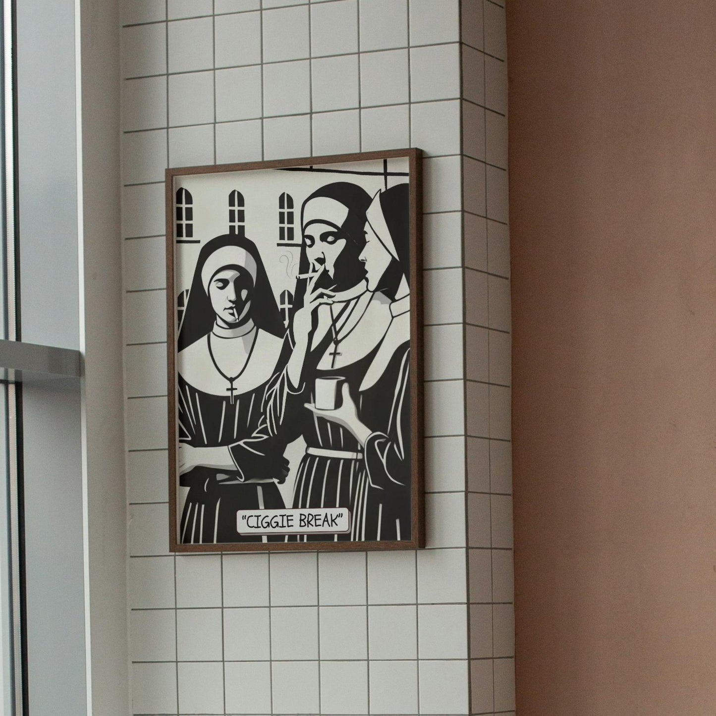 A black-and-white print of nuns from a convent enjoying a cheeky cigarette break, challenging the typical serene image associated with the Roman Catholic Church.