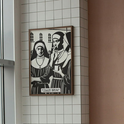 A black-and-white print of nuns from a convent enjoying a cheeky cigarette break, challenging the typical serene image associated with the Roman Catholic Church.