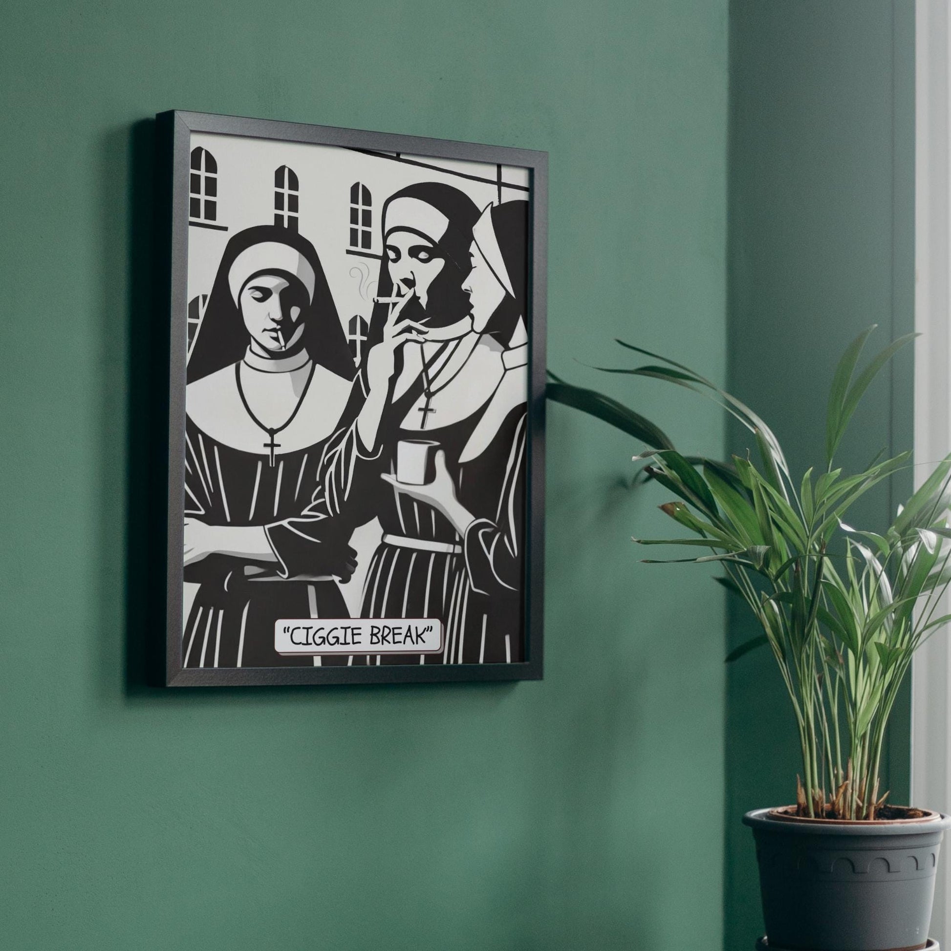 This print, titled &#39;Ciggie Break,&#39; humorously captures Roman Catholic nuns indulging in a smoke, blending sacred and secular imagery