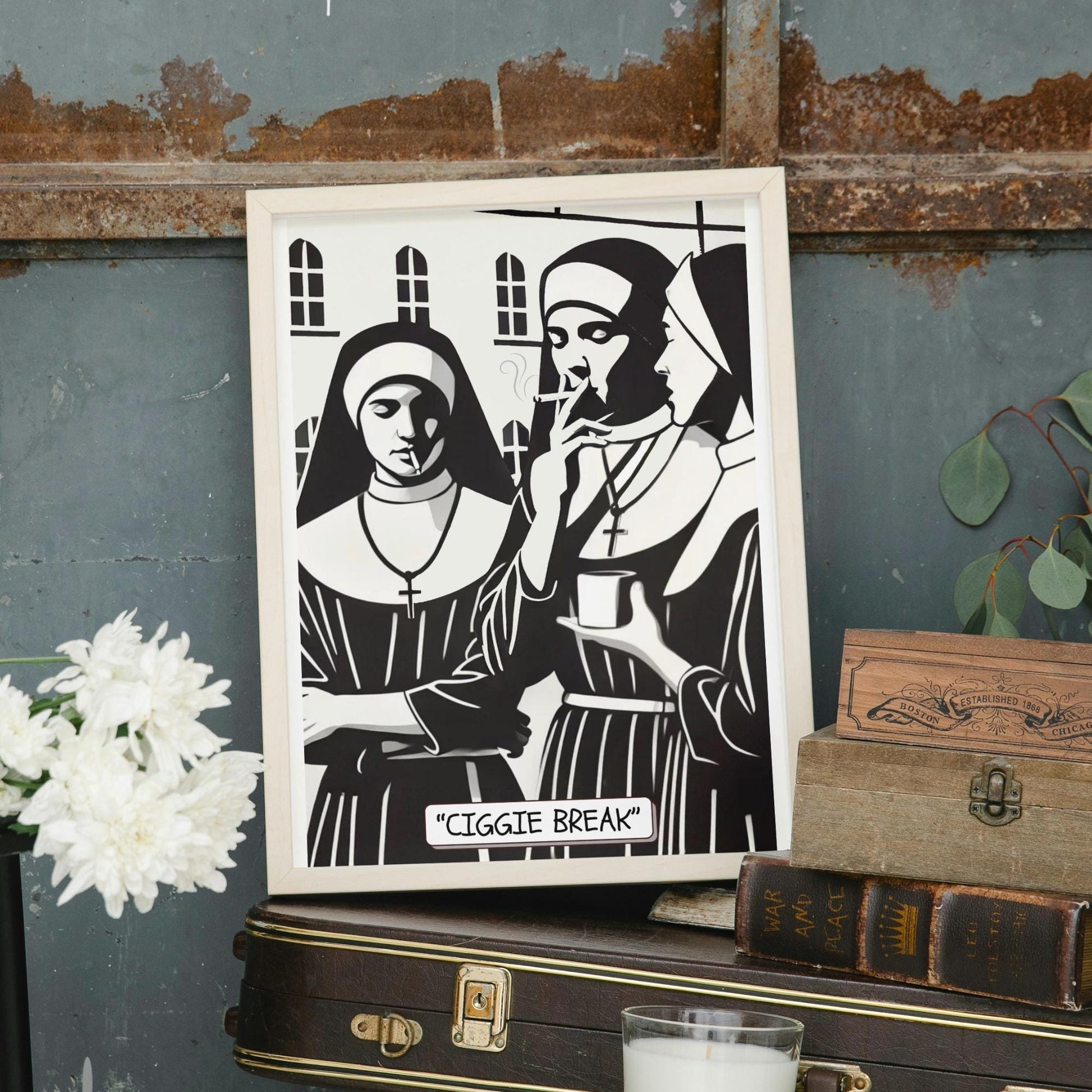 Illustration of three nuns smoking outside a convent, titled &#39;Ciggie Break,&#39; a tongue-in-cheek commentary on the intersection of faith and rebellion.