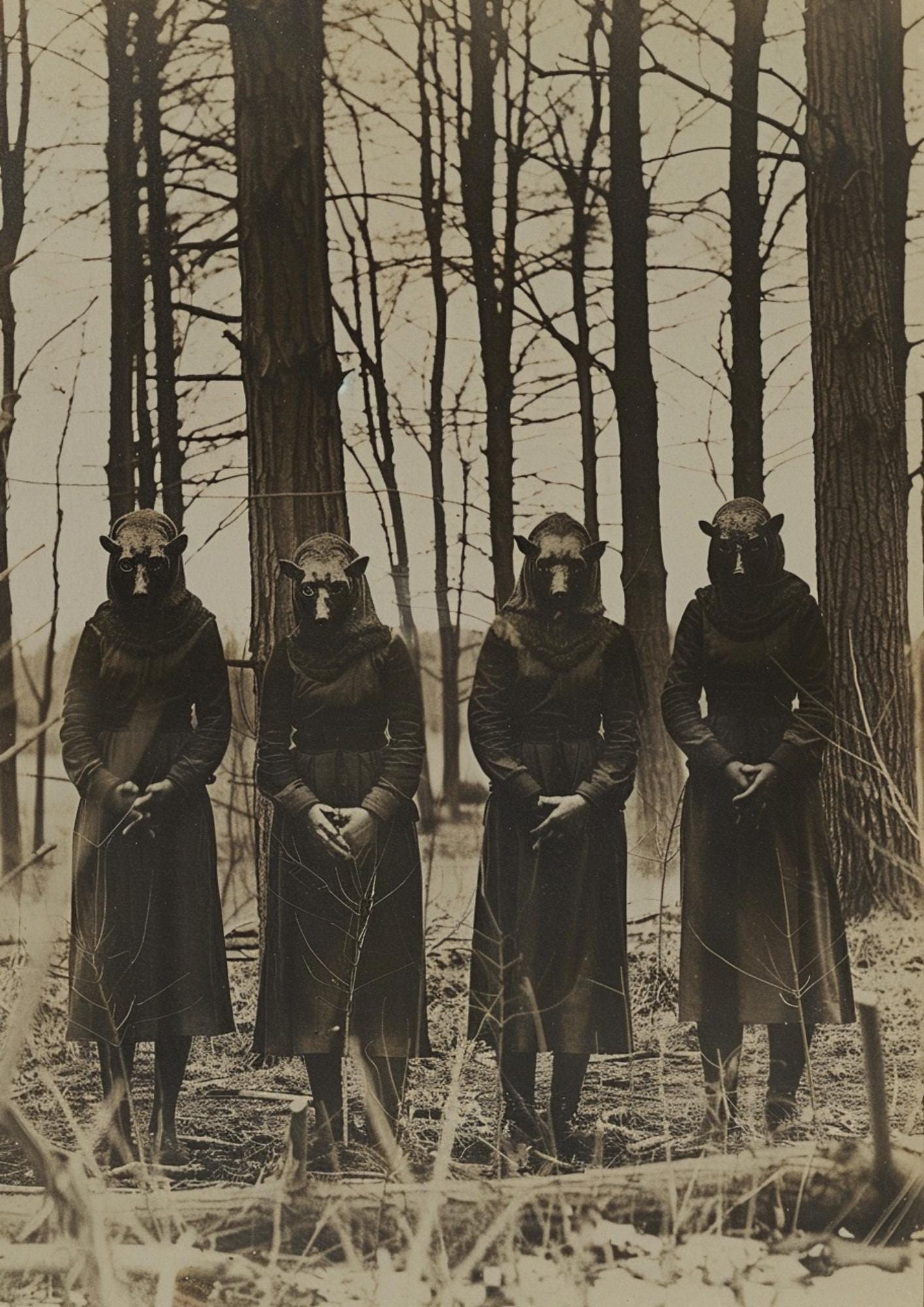 Vintage-style photo of four mysterious, masked figures standing in a forest, evoking an eerie, ritualistic cult gathering.