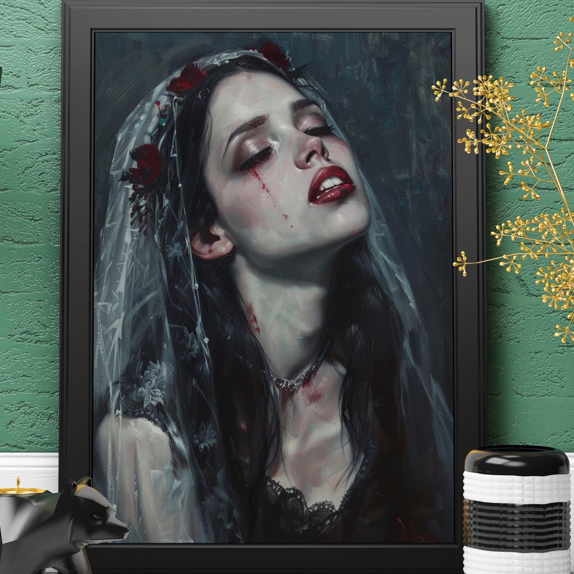 Romantic gothic vampire bride: Supernatural art with a mysterious, pale bride, ideal for gothic decor.