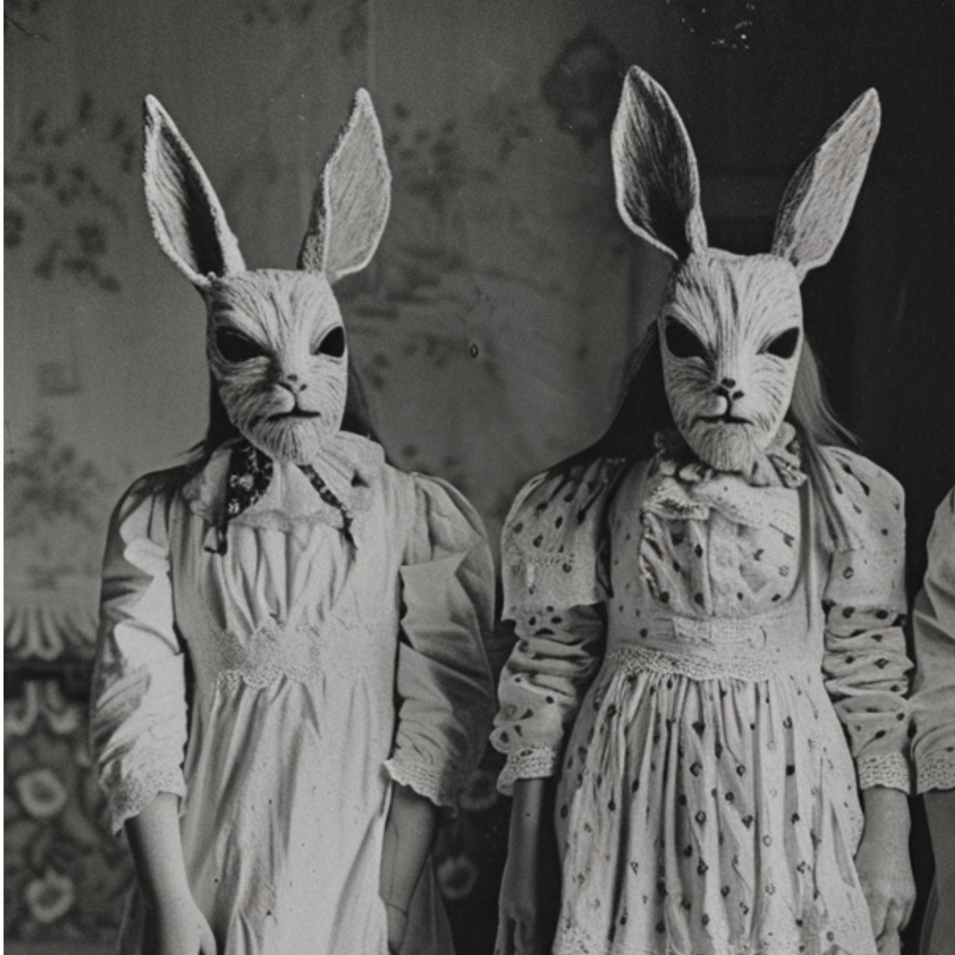 Gothic-inspired black and white image of three masked children in Victorian dress, standing together in a dark, vintage setting.