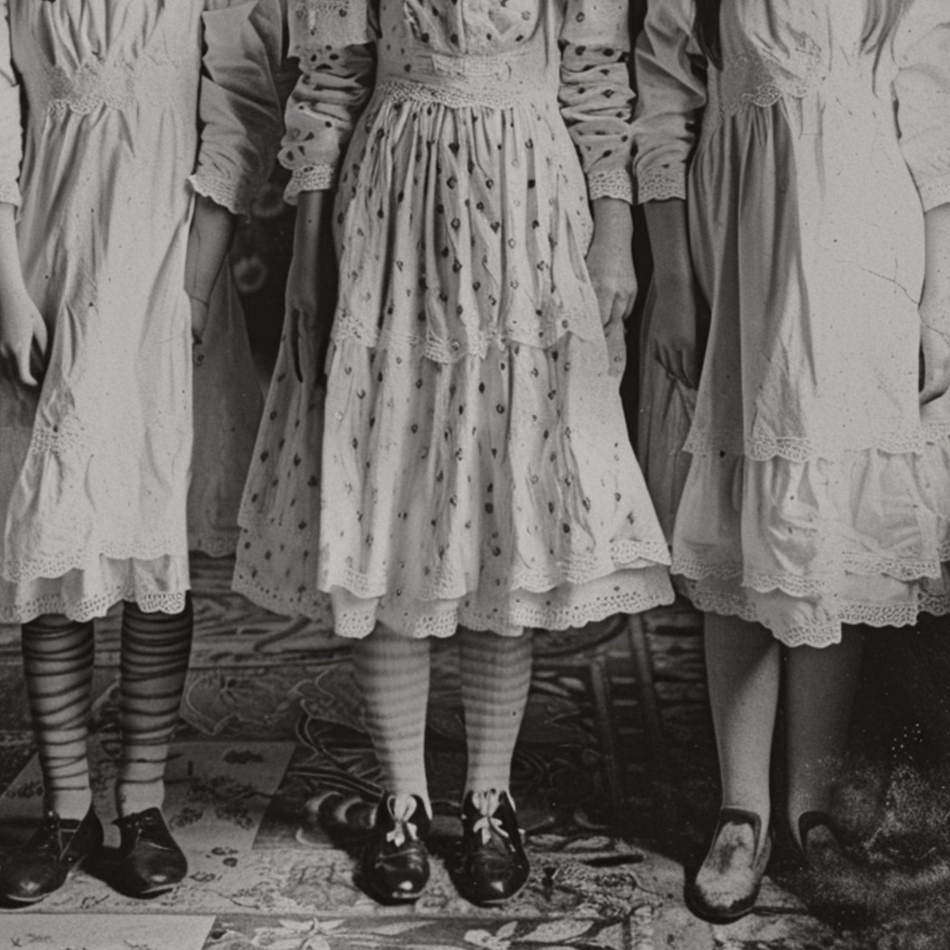 Disturbing yet captivating photograph of three girls wearing rabbit masks and vintage dresses, creating an eerie, cult-like scene.